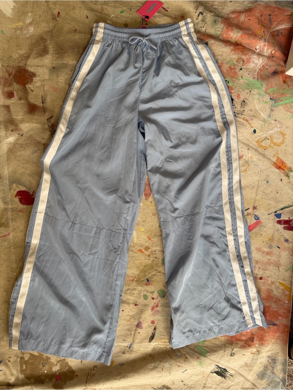 Edikted Light Blue Wide-Leg Track Pants with White Side Stripes